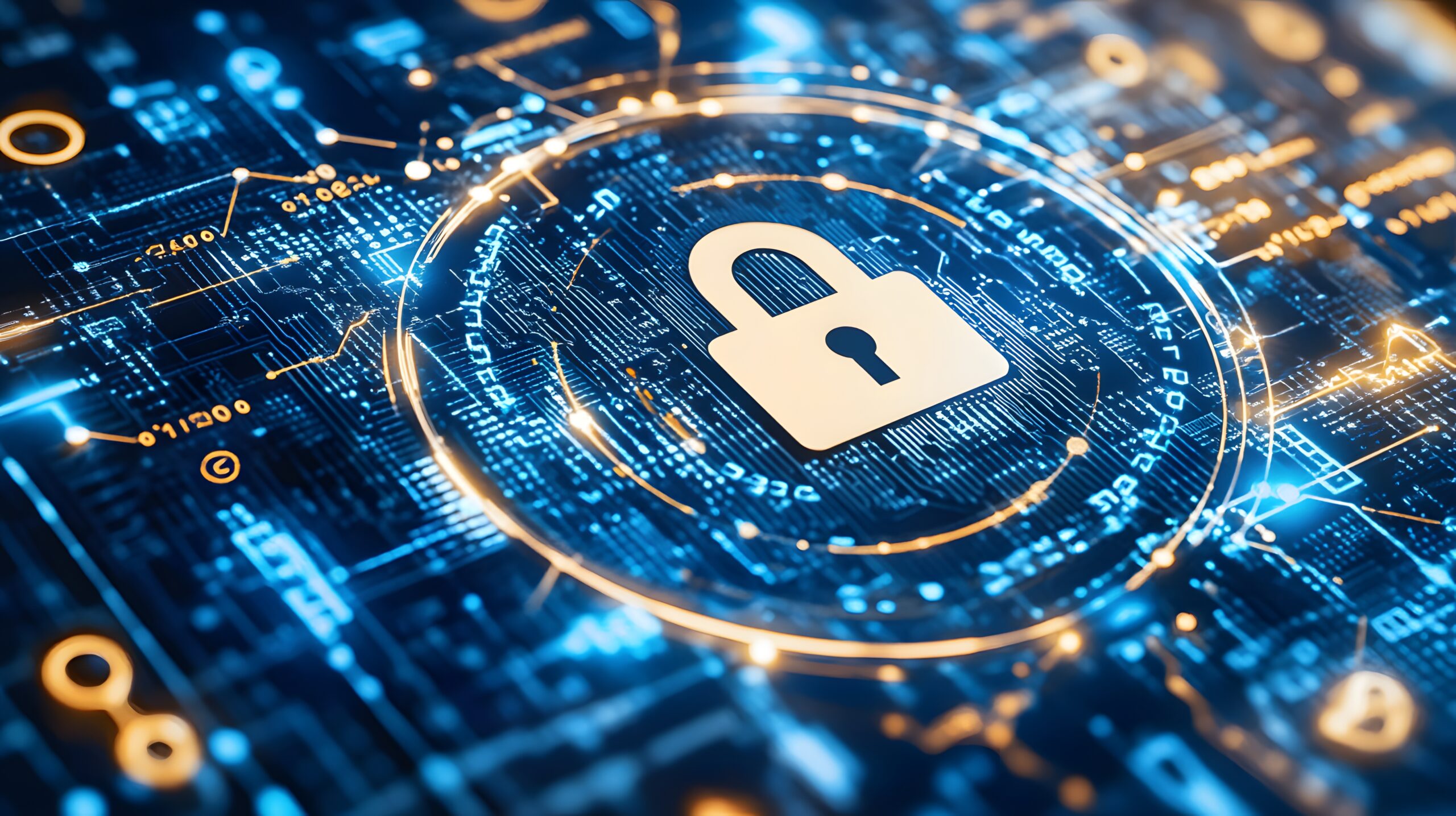 ybercrime prevention with a lock symbol in a futuristic grid, surrounded by binary code and network nodes, representing strong online security